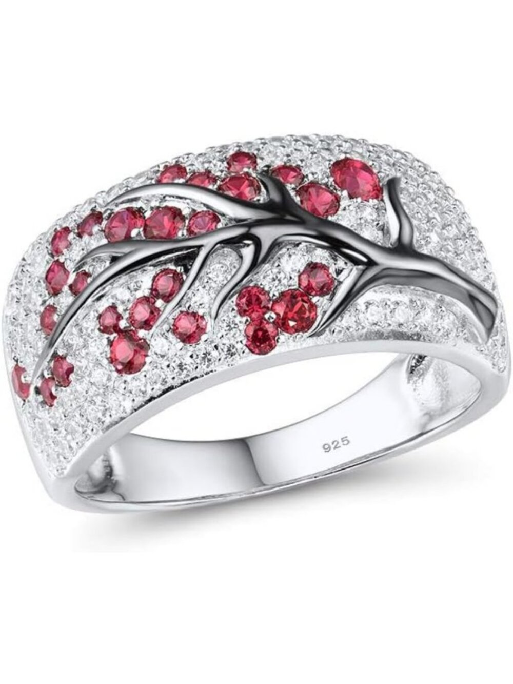 Sterling Silver Cherry Ring with Cubic Zirconia - Elegant Tree Branch Design for